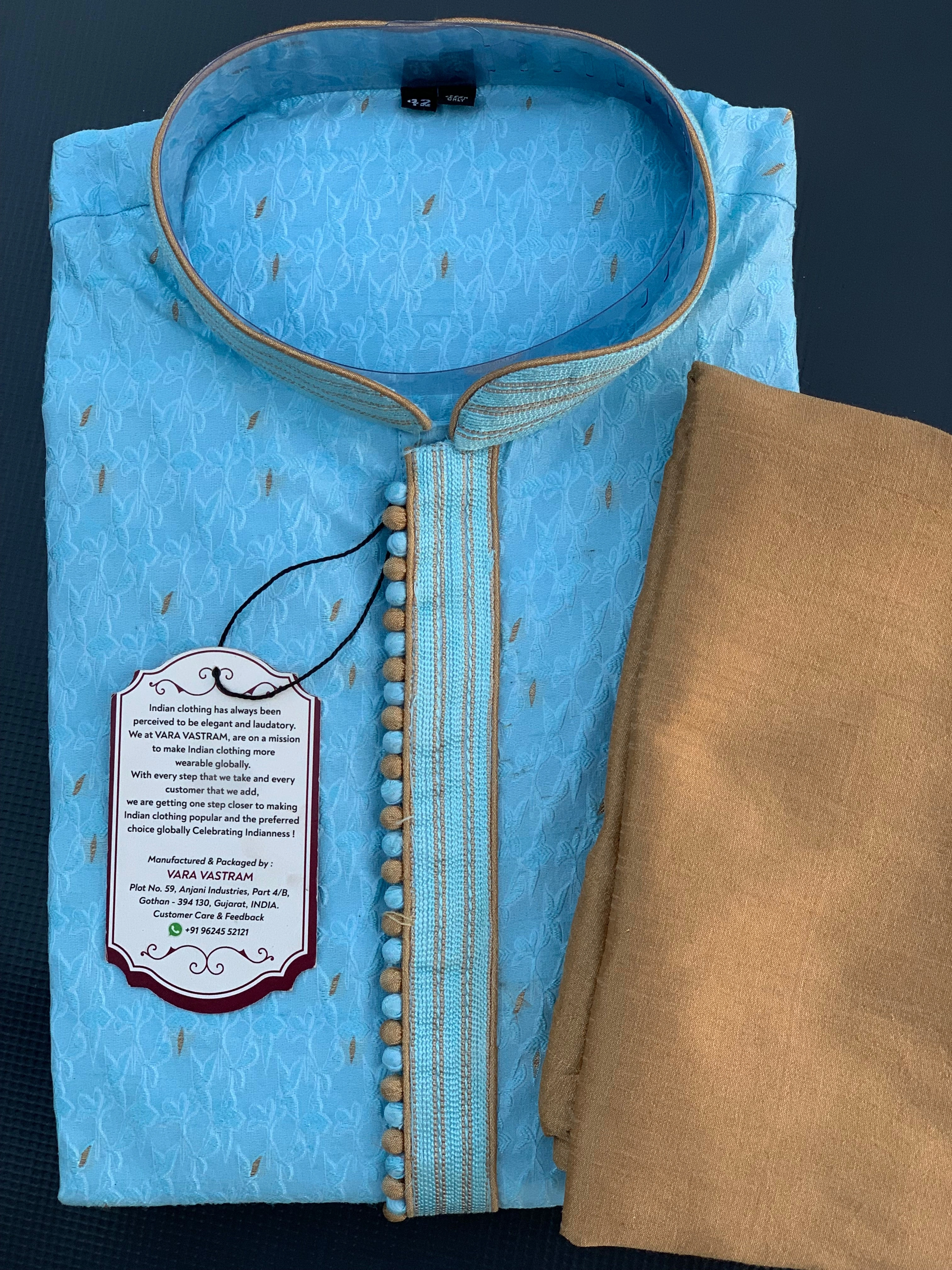 Premium Sky-Blue Mens Kurta Payjama Set | Mens Indian Wedding Wear Kurta | Cotton Kurta For Men | Gift Kurta Pajama Set India-BTG-121-38