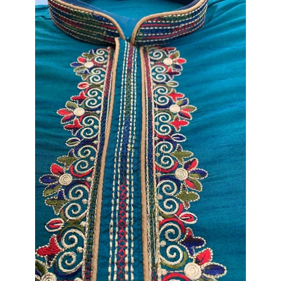 Men'S Blue Cotton Kurta Pajama - Embroidered Zari Floral Pattern, Ethnic Wear For Special Occasionsindia - Custom Sizes