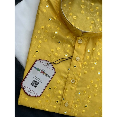 Handmade Yellow Chikankari Men'S Kurta & White Pajama Set | Cotton | Mirror Work | Self-Embroidery | Ethnic Wedding Wear India,