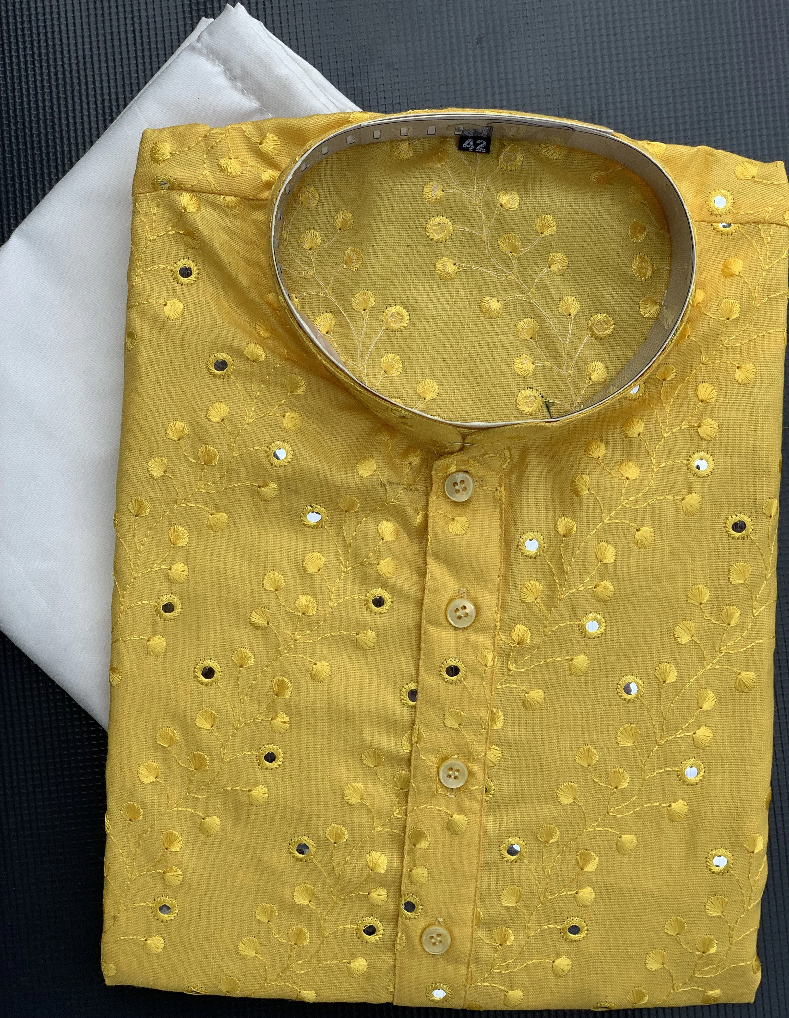 Handmade Yellow Chikankari Men'S Kurta &amp; White Pajama Set | Cotton | Mirror Work | Self-Embroidery | Ethnic Wedding Wear India,-36-1