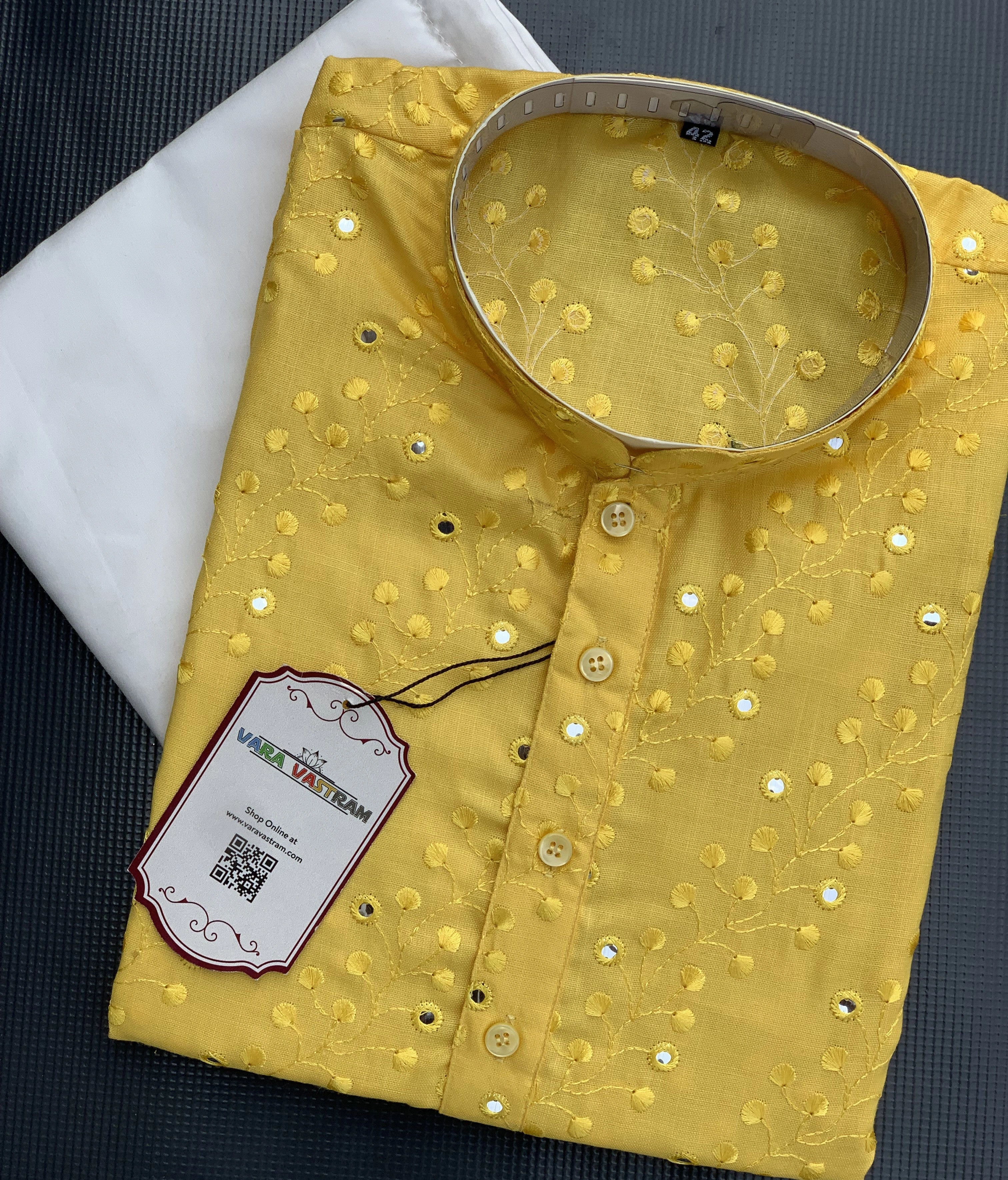 Handmade Yellow Chikankari Men'S Kurta &amp; White Pajama Set | Cotton | Mirror Work | Self-Embroidery | Ethnic Wedding Wear India,-36-2