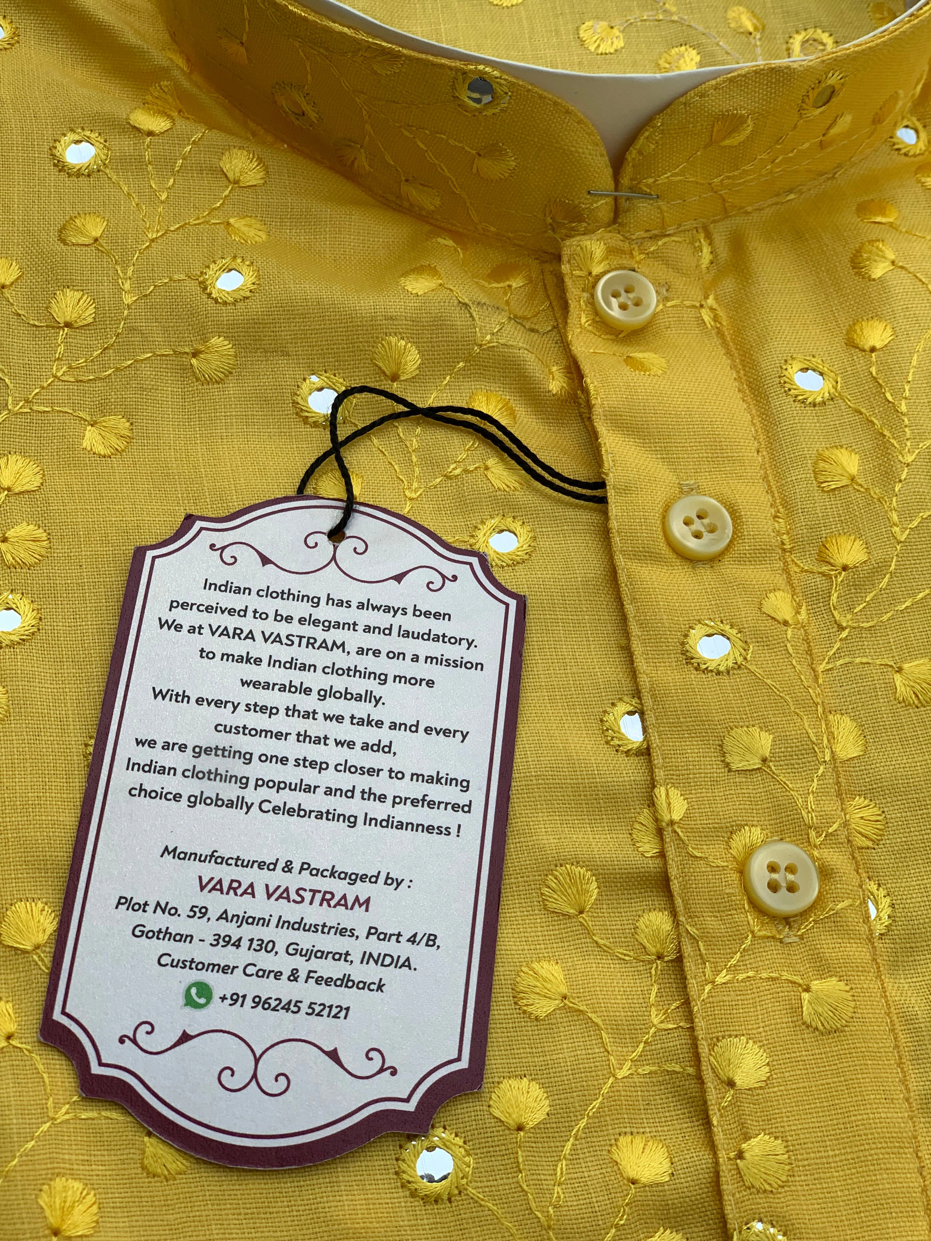 Handmade Yellow Chikankari Men'S Kurta &amp; White Pajama Set | Cotton | Mirror Work | Self-Embroidery | Ethnic Wedding Wear India,-36-3