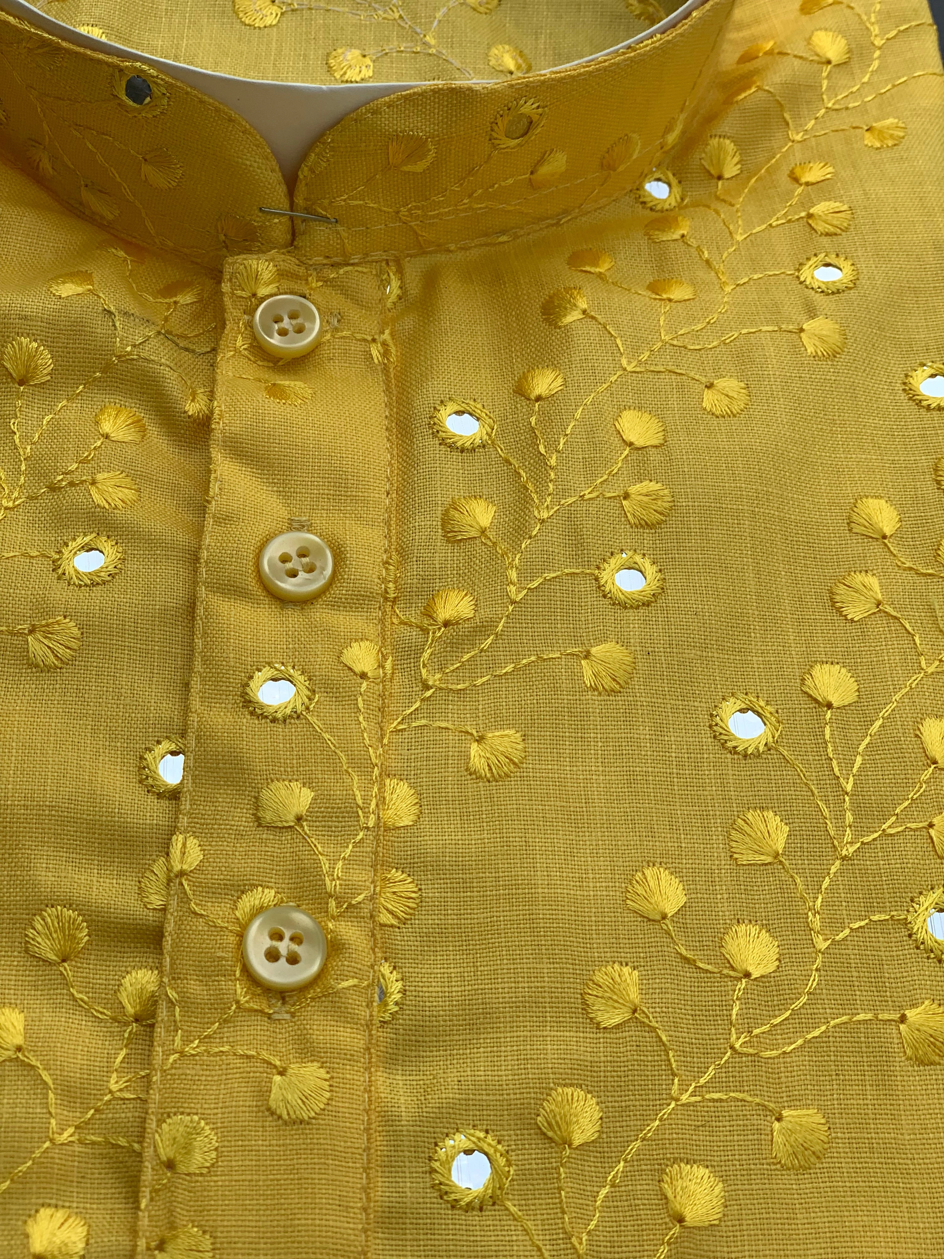 Handmade Yellow Chikankari Men'S Kurta &amp; White Pajama Set | Cotton | Mirror Work | Self-Embroidery | Ethnic Wedding Wear India,-36-4