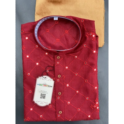 Red Cotton Silk Men'S Kurta Pajama Set, Authentic Mirror Work, Wavy Embroidery, Ethnic Wear For Weddings, Festivals India