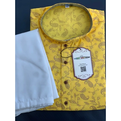 Sunshine Yellow Hand-Printed Cotton Men'S Kurta Pyjama Set | Custom Size | White Pyjama | Ideal For Indian Weddings, Festivals, And Gifting