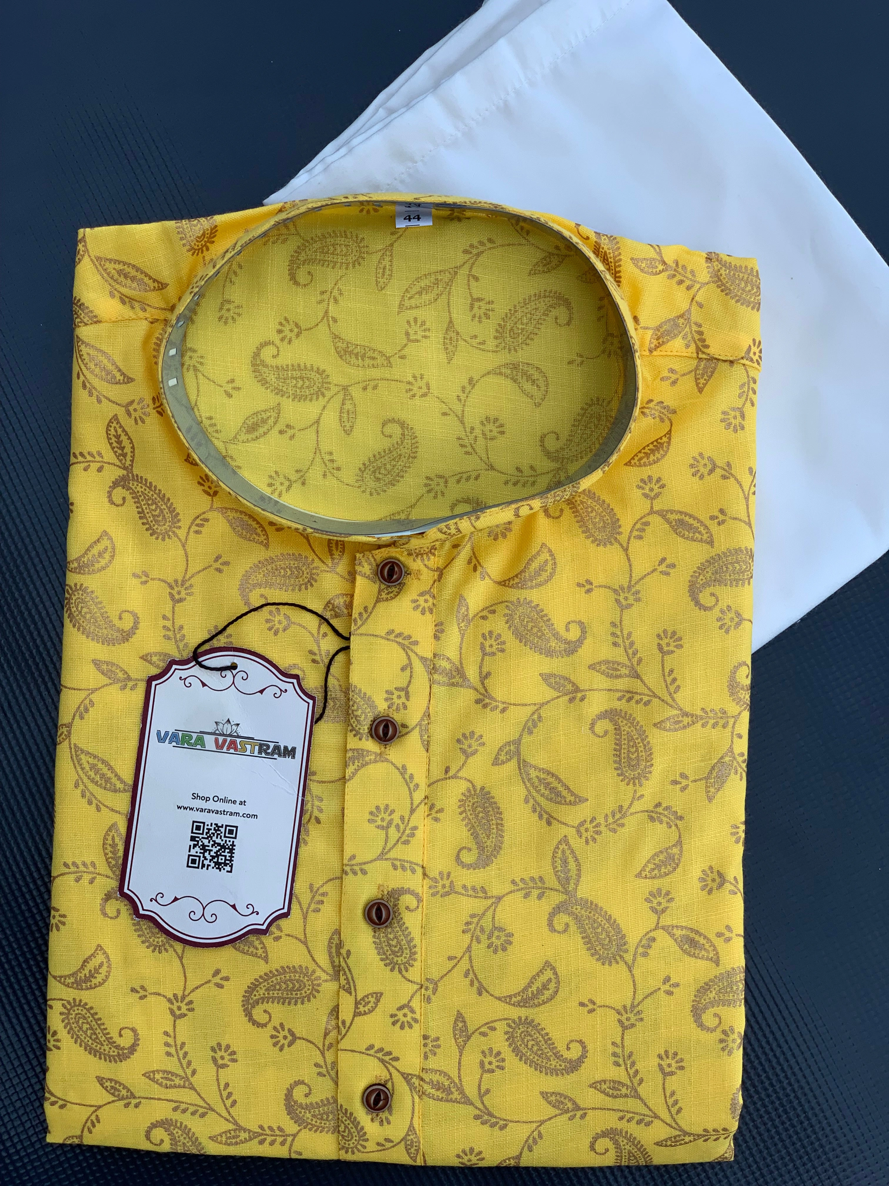 Sunshine Yellow Hand-Printed Cotton Men'S Kurta Pyjama Set | Custom Size | White Pyjama | Ideal For Indian Weddings, Festivals, And Gifting-36-2