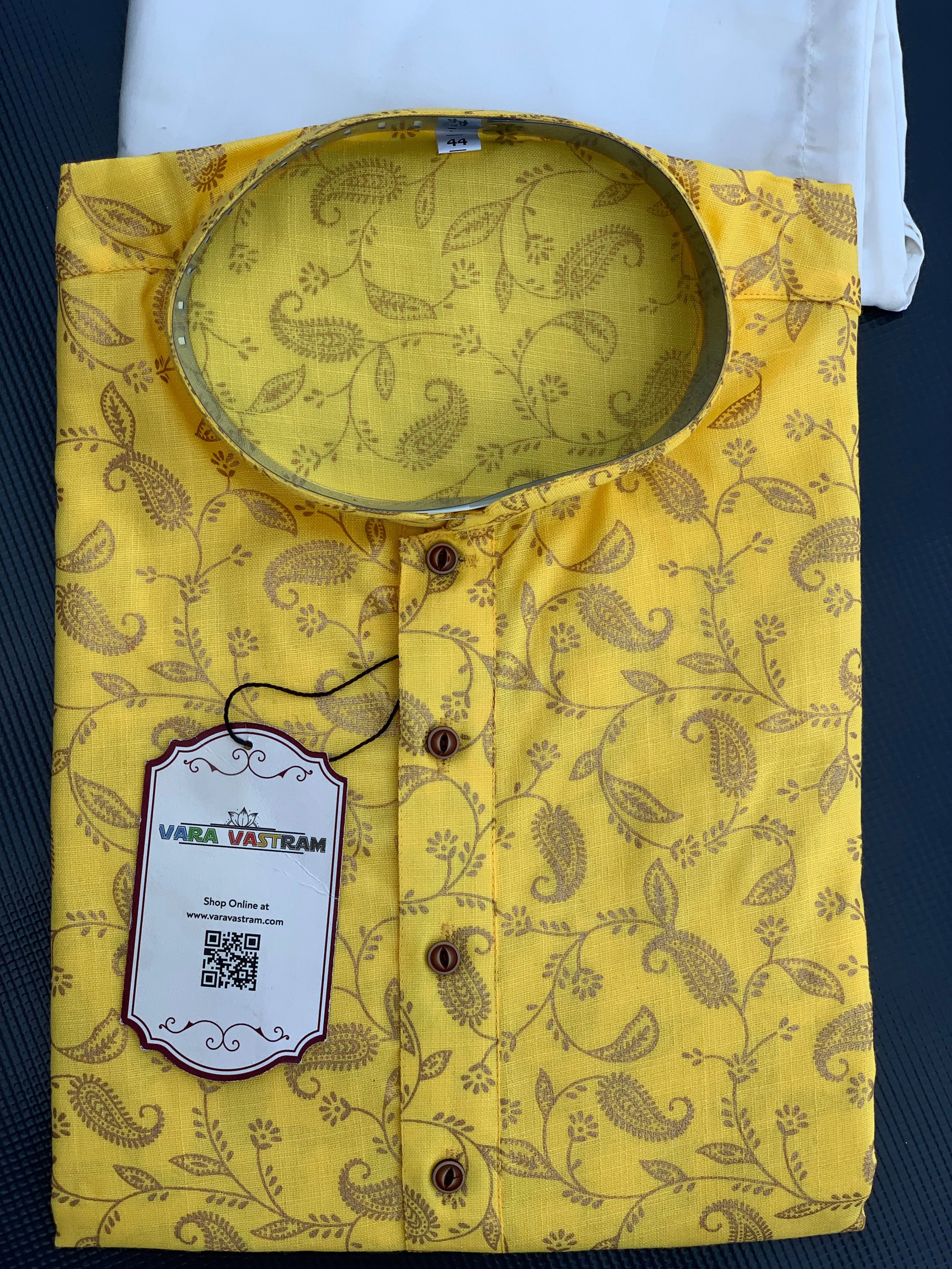 Sunshine Yellow Hand-Printed Cotton Men'S Kurta Pyjama Set | Custom Size | White Pyjama | Ideal For Indian Weddings, Festivals, And Gifting-36-3