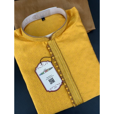 Yellow Men'S Kurta Pajama Set In Cotton With Zari Floral Embroidery And Fancy Lacework, Haldi Mens Kurta Pajama Set India