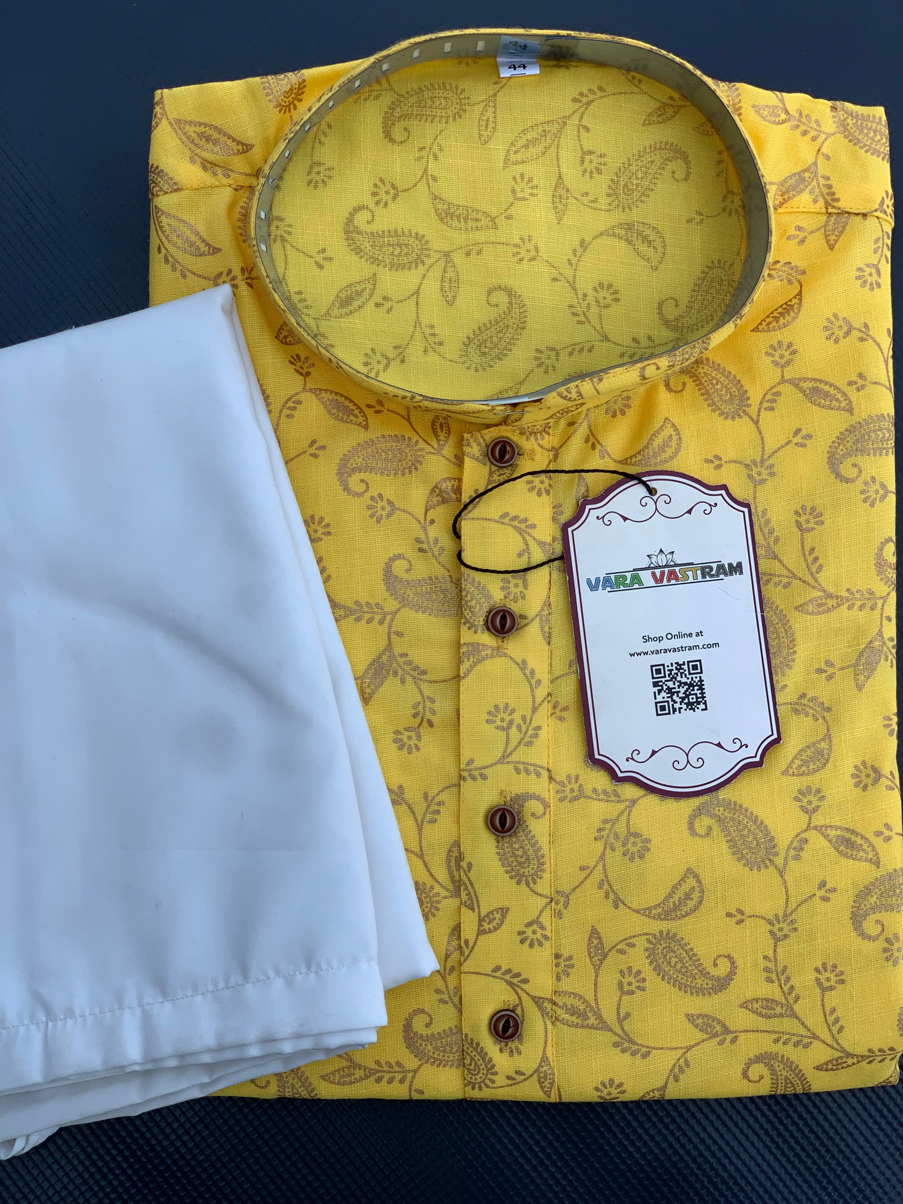 Sunshine Yellow Hand-Printed Cotton Men'S Kurta Pyjama Set | Custom Size | White Pyjama | Ideal For Indian Weddings, Festivals, And Gifting-BTG-148-42