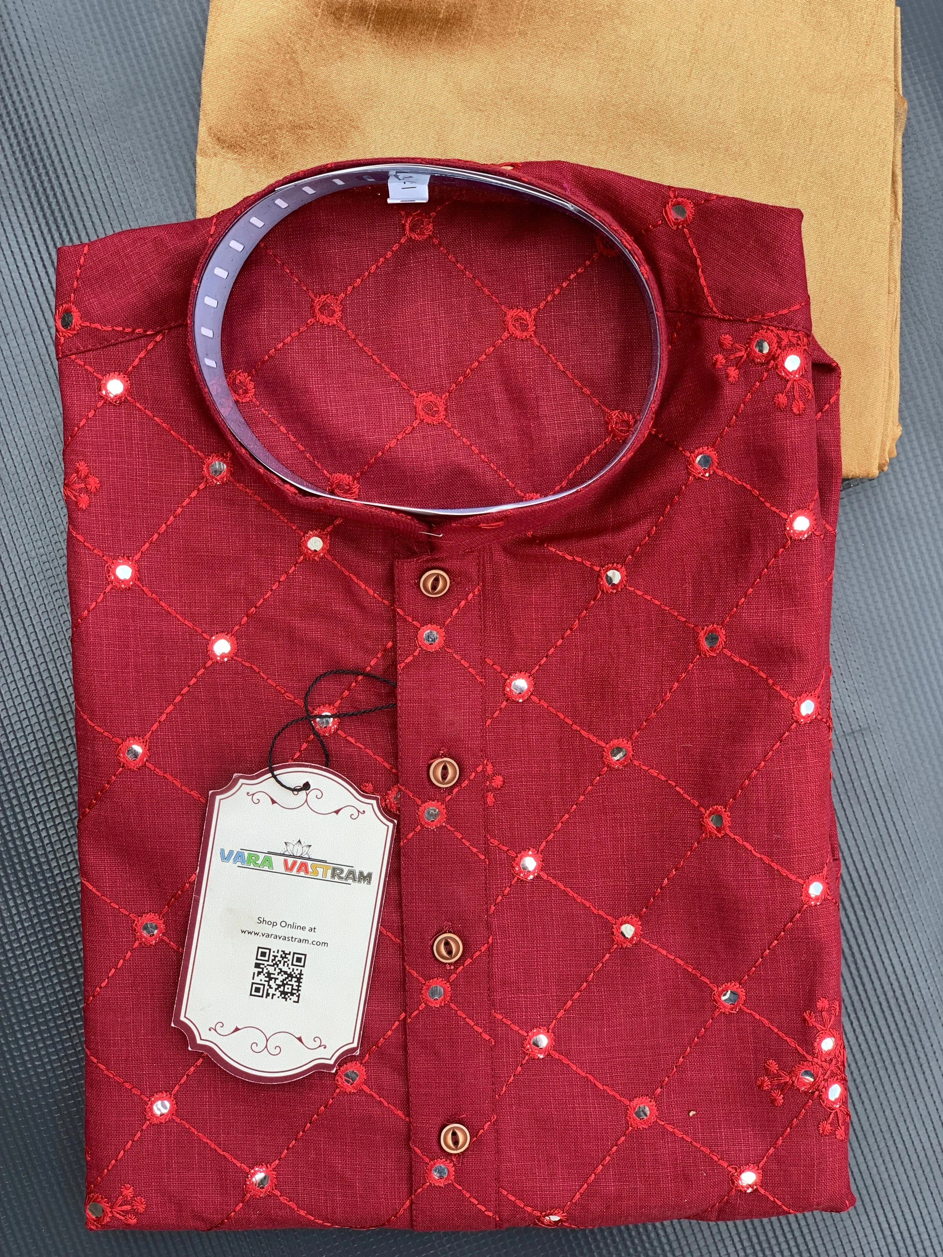 Red Cotton Silk Men'S Kurta Pajama Set, Authentic Mirror Work, Wavy Embroidery, Ethnic Wear For Weddings, Festivals India-BTG-145-44