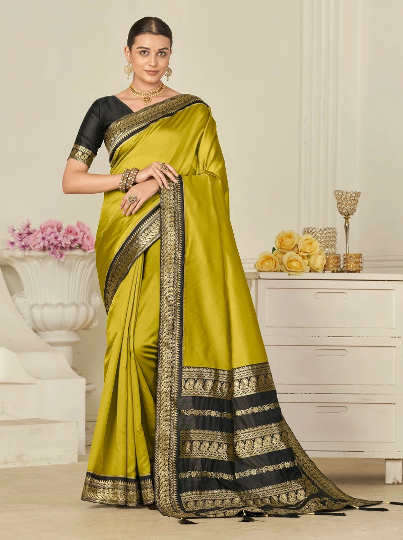 South Indian Silk Saree In Methi Yellow For Weddings | Golden Spice Elegance | Designer Black Blouse Stitching | Top Pick-BTG-001