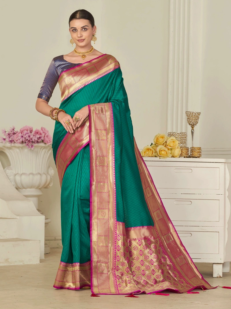 Rama Green And Pink Kanchipuram Softy Art Silk Saree | Indian Wedding Saree With Blouse | Fall Stitching Complimentary | Top Pick-BTG-002