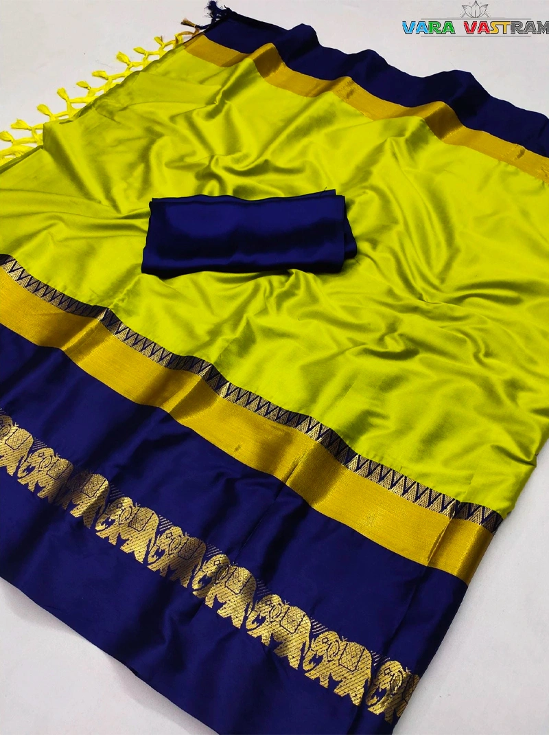 Artisan-Woven Cotton Silk Saree - Hand-Crafted Hathi Design In Yellow- Blue, Custom Blouse - Weddings, Festival Saris Inindia-BTG-006