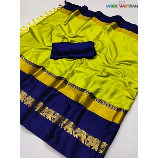 Artisan-Woven Cotton Silk Saree - Hand-Crafted Hathi Design In Yellow- Blue, Custom Blouse - Weddings, Festival Saris Inindia