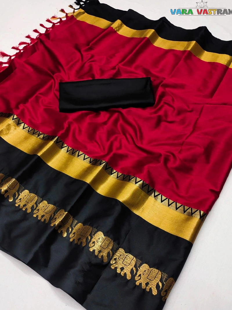 Hand-Crafted Red Black Cotton Silk Saree With Traditional Hathi Design Ideal Wedding Saree With Customized Blouse | Festival Saree India-BTG-007