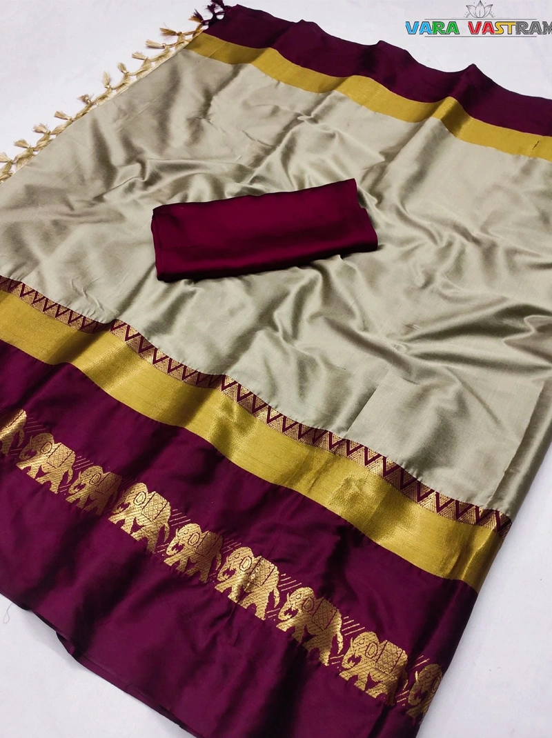 Cotton Silk Saree In Cream Maroon- Handcrafted With Traditional Hathi Design, Customized Blouse Wedding Sari For India-BTG-009