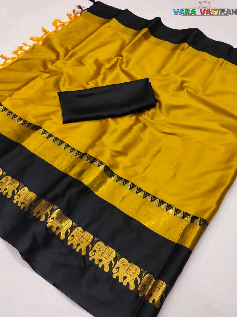 Gold Black Cotton Silk Saree - Handloom Woven By Artisans, Customized Blouse, Traditional Hathi Design, Indian Wedding And Festive Sari India-BTG-014