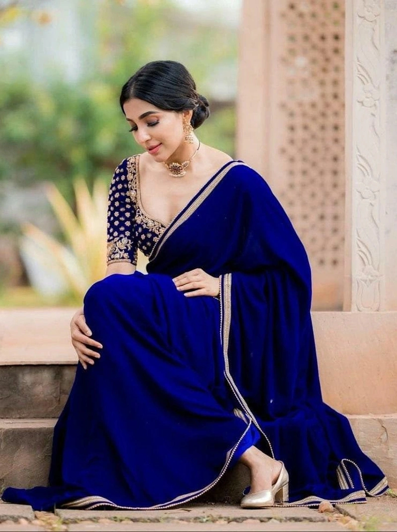 Elegant Blue Satin Silk Saree With Stitched Blouse | Bollywood Saree-BTG-027