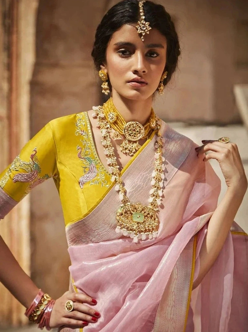 Taffy Pink Designer Saree With Lemon Yellow Embroidery Blouse | Art Silk Saree With Heart-Shaped Threadwork-BTG-031