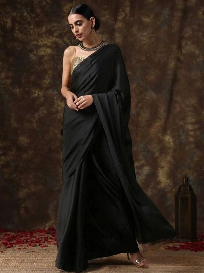 Black Saree | Party Saree | Saree With Stitched Blouse | Bollywood Saree | Red Blouse | Plain Saree Sari | Satin Silk Saree | Saree India-BTG-052