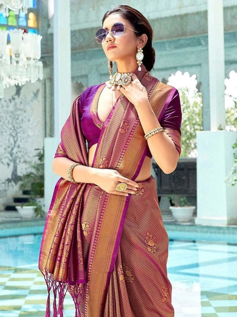 Magenta Purple Kanjivaram Saree | Traditional Sari | Gifts For Her | Indian Wedding Sari | Sarees India | Handloom Sari | South Indian Sari-BTG-072