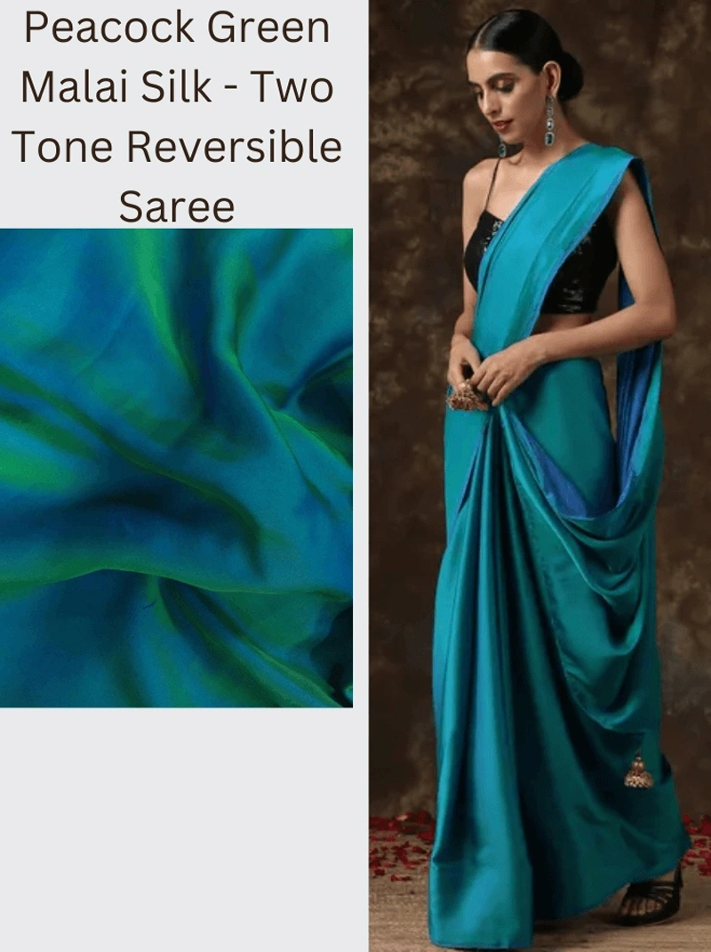 Peacock Green Malai Silk Saree: Two-Tone Reversible Soft Silk Saree For Indian Weddings, Bridesmaids, And Special Occasions-BTG-077