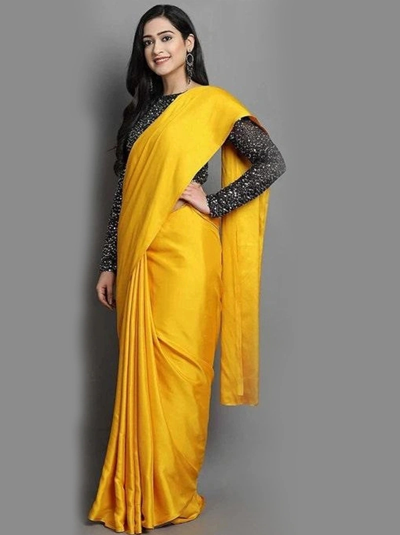 Yellow Plain Satin Silk Saree | Indian Wedding Saree | Handwoven Saree | Sarees India | Gifts For Her | Traditional Saree | Sarees For Women-BTG-055