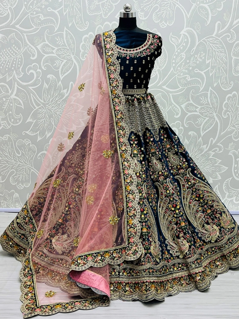 Exquisite Navy Blue Peacock Embroidered Velvet Bridal Lehenga Choli With Handwork - Rani Pink, Peach-BTG-099