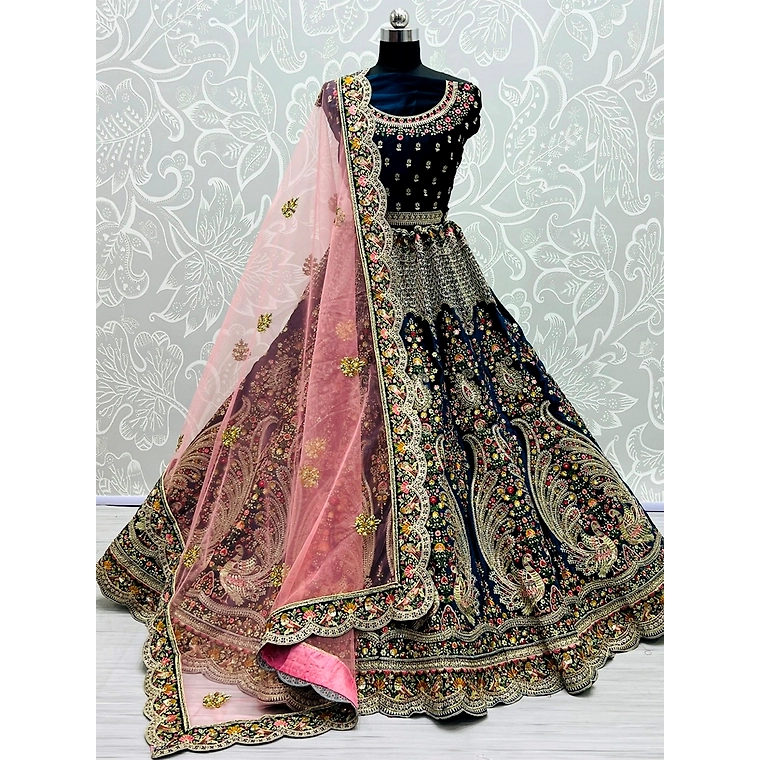 Neavy Blue Colour Georgette With Embroidery Work Lehangha Choli,Degital Print Lehangha Choli,Exclusive Four Side Embroidery Less outlet Border