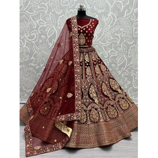 Luxurious Standing Flower Pot Embroidery Bridal Lehenga Choli - Soft Velvet, Intricate Embellishments, Customizable Fit, Morpich Lehenga