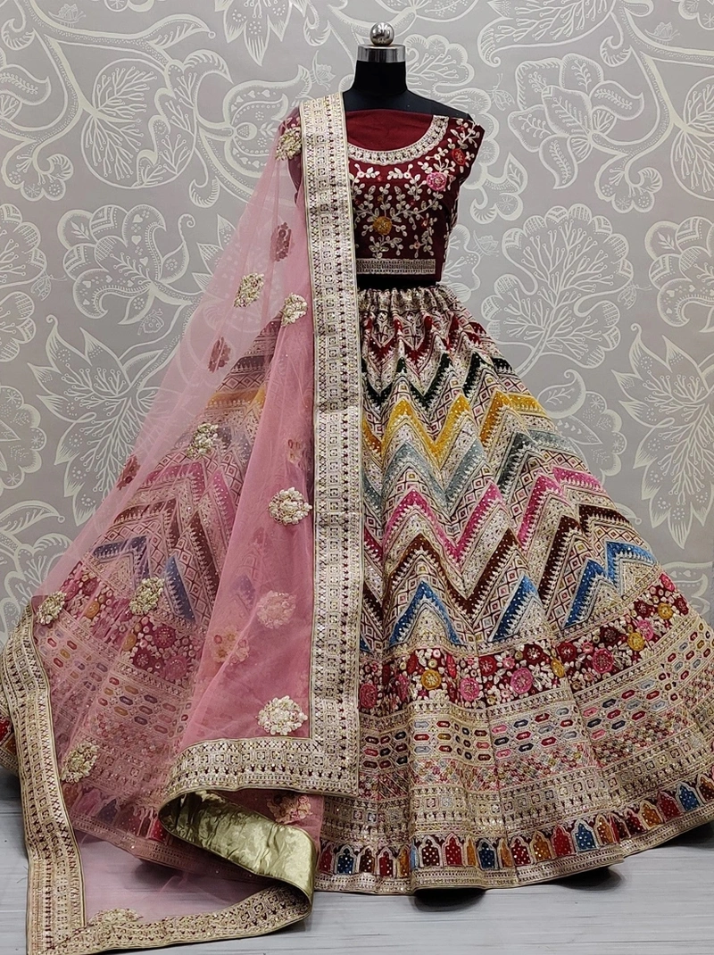 Superb Matching Thread Work Multi-Color Wavy Pattern And Velvet Patch Work Sabyasachi Inspired Bridal Lehengacholi, Bridal Lehenga Choli India-BTG-102