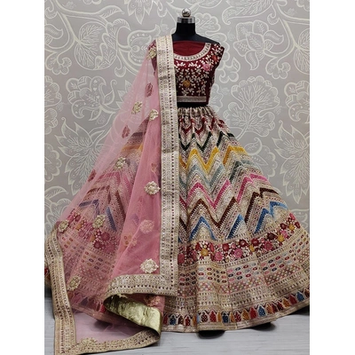 Superb Matching Thread Work Multi-Color Wavy Pattern And Velvet Patch Work Sabyasachi Inspired Bridal Lehengacholi, Bridal Lehenga Choli India