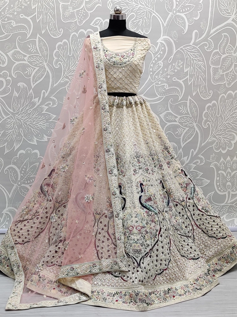 Cream Peacock Embroidered Designer Bridal Lehenga Choli On Georgette, Elegant Mirror &amp; Dori Work, Soft Net Dupatta,Perfect Wedding Wear-BTG-103