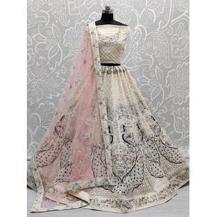 Cream Peacock Embroidered Designer Bridal Lehenga Choli On Georgette, Elegant Mirror & Dori Work, Soft Net Dupatta,Perfect Wedding Wear