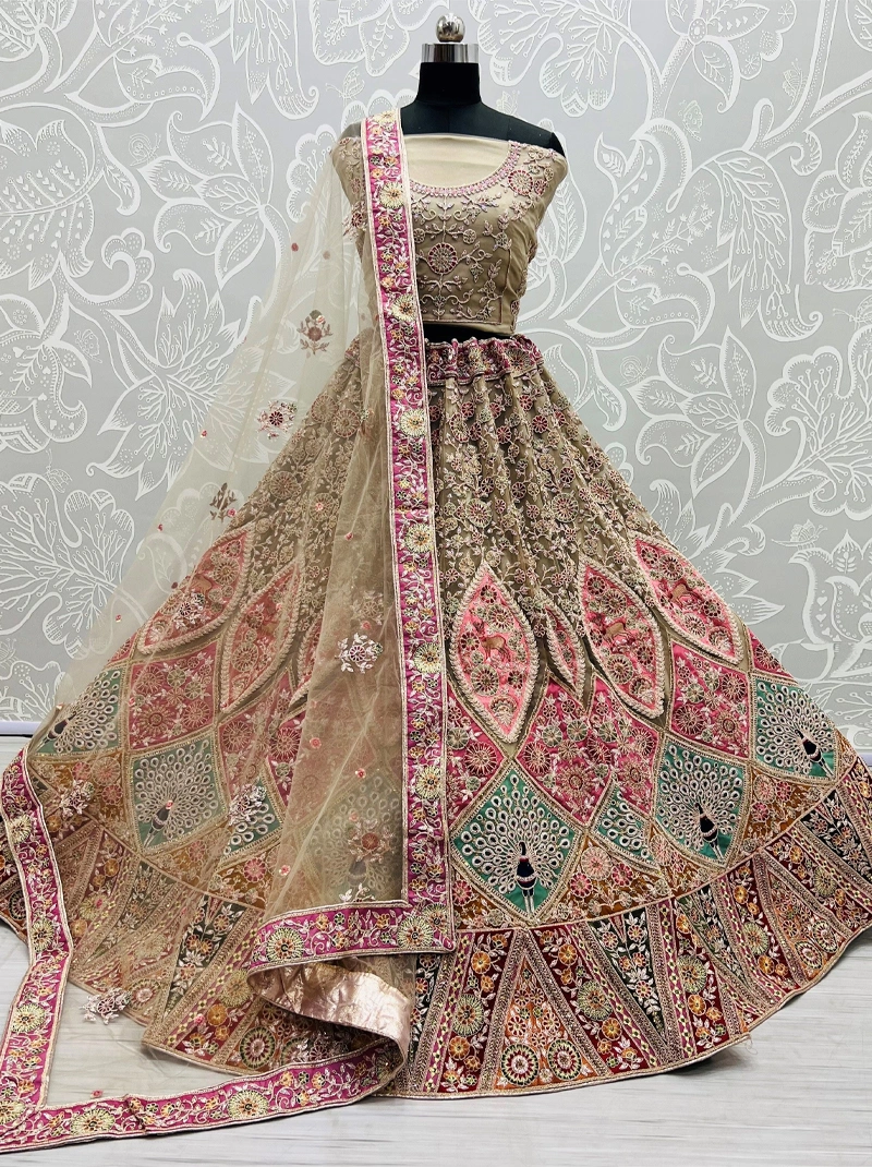 Pink Designer Patchwork Bridal Lehenga Choli - Peacock, Deer &amp; Flower Motifs - Net Fabric -Summer Wedding Outfit,Indian Bridal Lehenga Choli-BTG-105