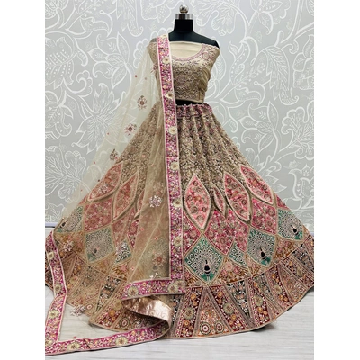 Pink Designer Patchwork Bridal Lehenga Choli - Peacock, Deer & Flower Motifs - Net Fabric -Summer Wedding Outfit,Indian Bridal Lehenga Choli