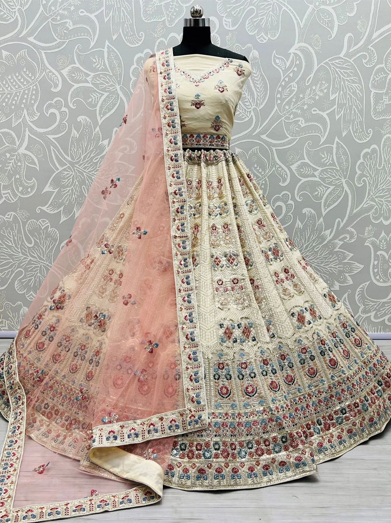 Beige Elegant Beige Multicolor Floral Bridal Lehenga Choli - Georgette Fabric, Sequins &amp; Zari Work - Wedding, Festival, Ceremony Outfit-BTG-106