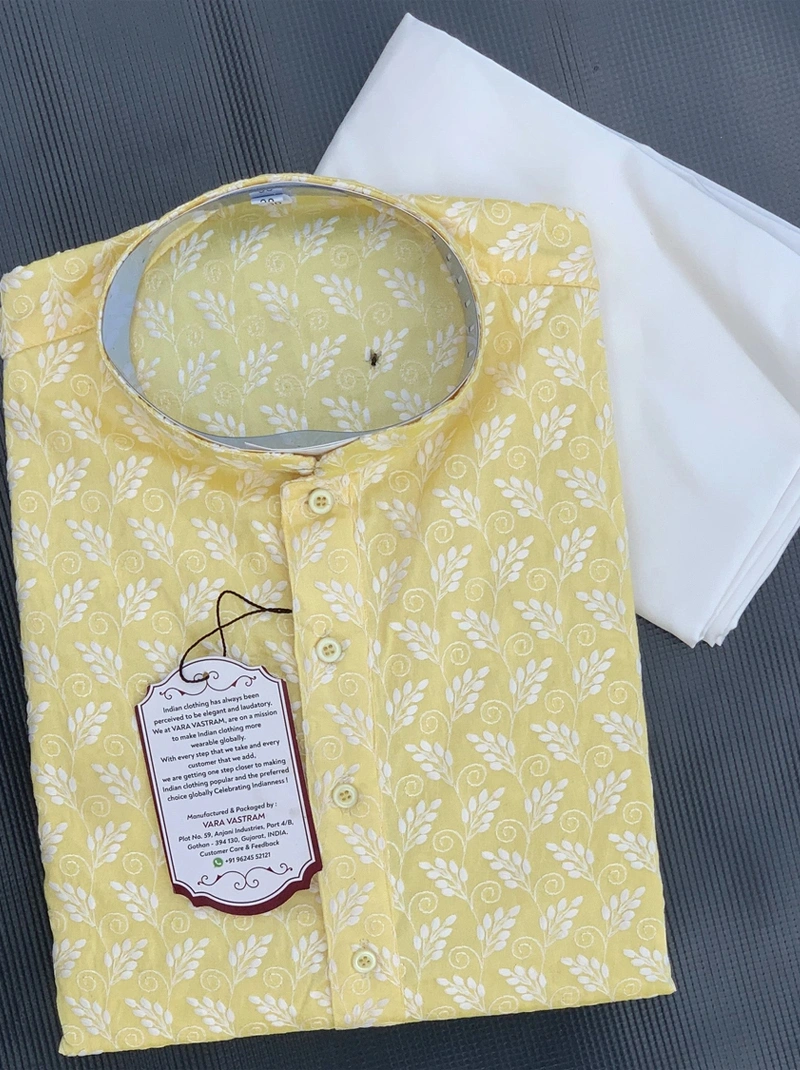 Light Yellow Chikankari Mens Kurta Pajama Set, Lucknowi Mens Kurta | Indian Wedding Men Clothing|Fast Delivery Gift Mens Kurtas India-BTG-112-36