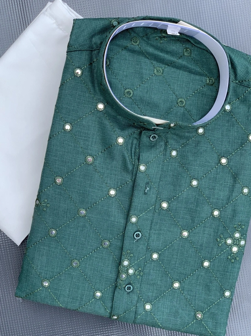 Premium Dark Green Soft Silk Mens Kurta Pajama Set-BTG-115-36