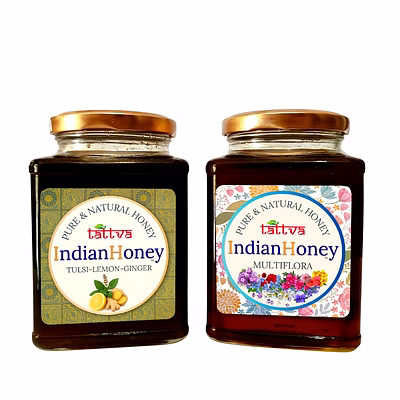 indianhoney himalayan multiflora & tulsi lemon ginger honey combo (pack of 2) | pure & natural | 1kg (500g each) | unprocessed & unfiltered natural sweetener