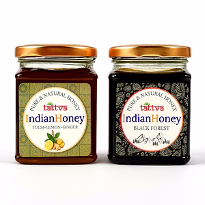 IndianHoney Black Forest (Honeydew) Honey & Warming & Anti-Inflammatory Ginger Infused Honey Combo Pack (230gm & 230gm) - Black Forest & Tulsi Lemon Ginger Details