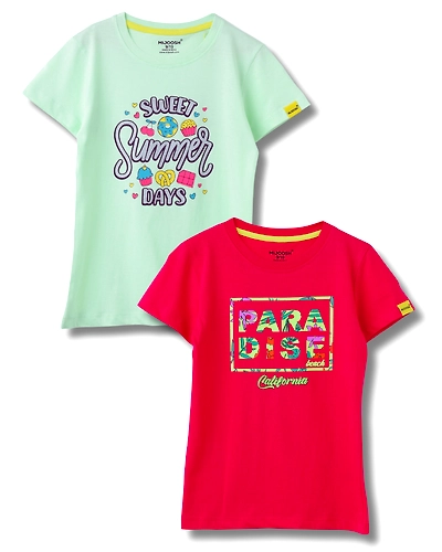 Girls T-Shirt Patina Green / Bright Rose Pink, Soft Cotton, Ages 7-14 (2pcs pack)-12657349