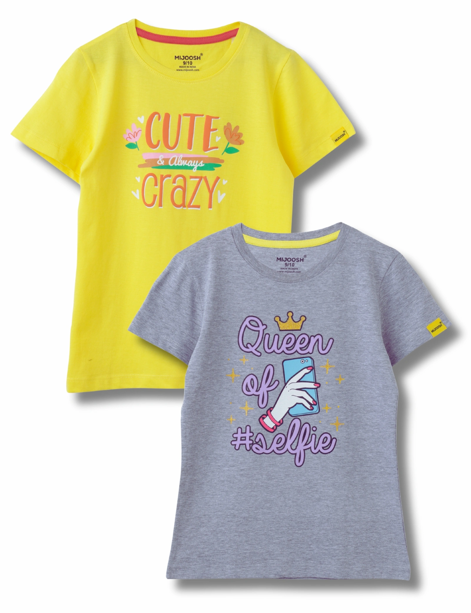 Girls T-Shirt Blazing Yellow / Grey Heather Mélange, Soft Cotton, Ages 7-14 (2pcs pack)-12657357