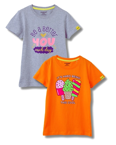 Girls T-Shirt Grey Heather Mélange / Vibrant Orange, Soft Cotton, Ages 7-14 (2pcs pack)-12657631