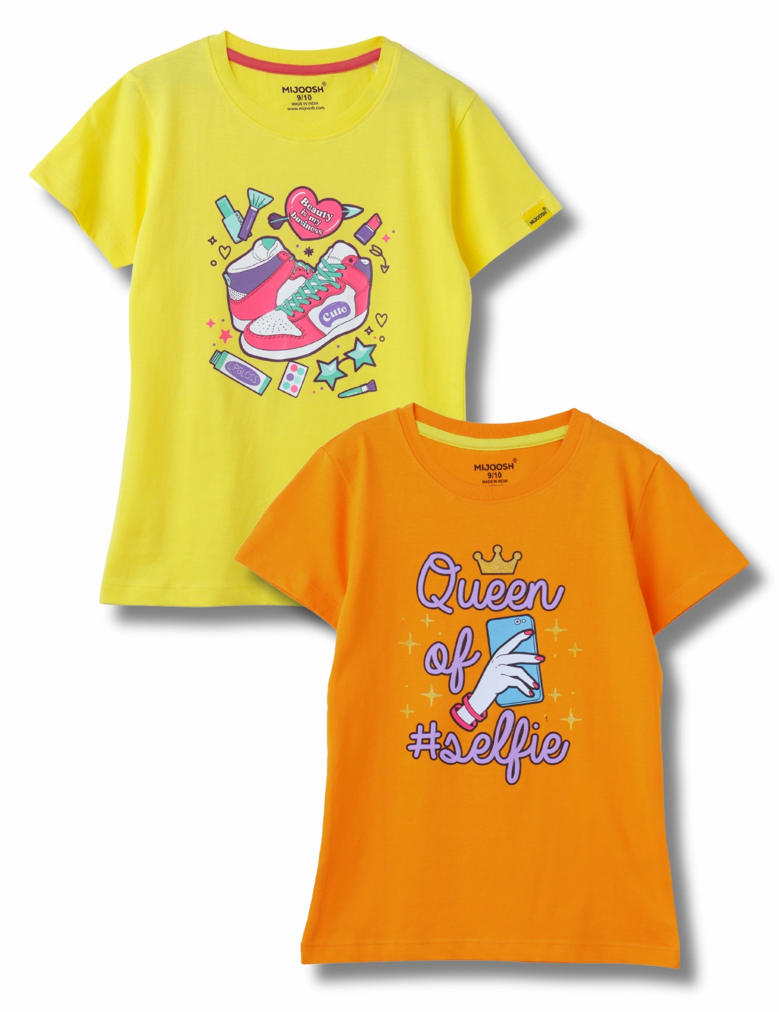 Girls T-Shirt Blazing Yellow / Vibrant Orange, Soft Cotton, Ages 7-14 (2pcs pack)-12657671