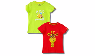 Girls T-Shirt Hibiscus Red / Acid Lime Green, Soft Cotton, Ages 2-6 (2pcs pack)