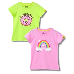 Girls T-Shirt Bonbon Pink / Acid Lime Green, Soft Cotton, Ages 2-6 (2pcs pack)