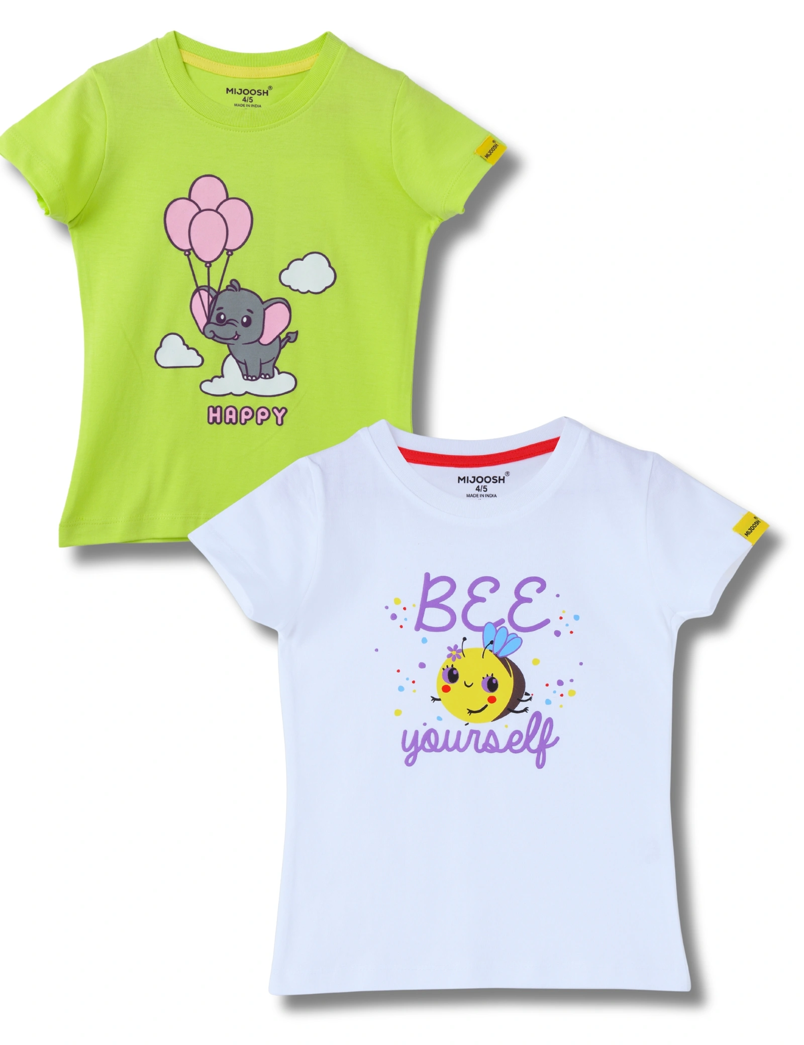 Girls T-Shirt White / Acid Lime Green, Soft Cotton, Ages 2-6 (2pcs pack)-12657837