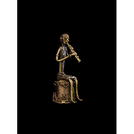 Handmade Dhokra Tribal Musician Sitting on Base Playing Turi-1
