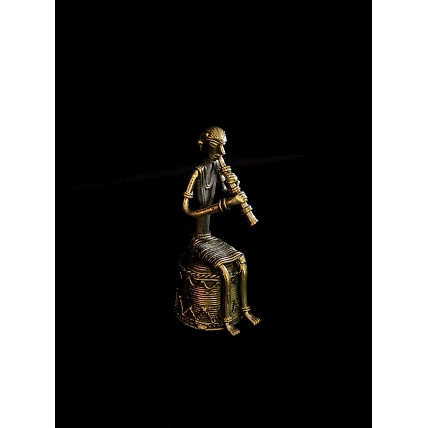 Handmade Dhokra Tribal Musician Sitting on Base Playing Turi-2